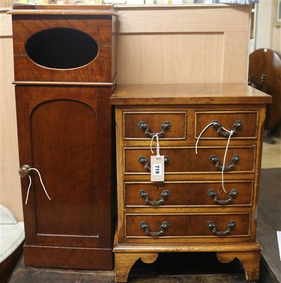 A miniature yew wood chest of drawers, W.41cm and a small mahogany pot cupboard